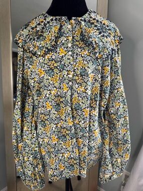 Universal Thread Button-Front Blouse with Ruffled Collar - Yellow & Green